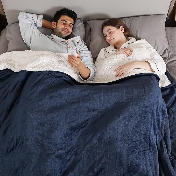 ESTINGO Heated Blanket Electric King Size, Soft Heated Electric Blanket, Washable Plush Heated Blanket with Dual Control 5 Heating Levels & 10 Hours Auto Off, 100" x 90", Navy Blue