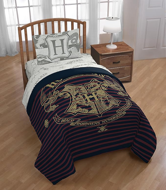 Jay Franco Harry Potter Spellbound 4 Piece Twin Bed Set - Includes Reversible Comforter & Sheet Set - Bedding Features Hogwarts Logo - Super Soft Polyester - (Official Harry Potter Product)