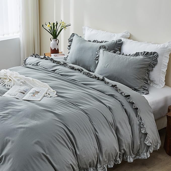 Simple&Opulence Kids 100% Organic Cotton Queen Duvet Cover Ruffle 3Pcs(1 Comforter Cover 2 Pillowcases) Cute Lace Vintage Boho Shabby Chic Farmhouse Bedding Set Teen Girls(Gray, Queen)