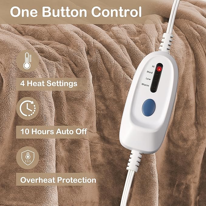 Electric Heated Blanket Full Size 72"x84", Fast Heating Blanket, Soft Cozy for Bed, 10 Hours Auto Off & 4 Heating Levels, Heater Blankets, Machine Washable, Warm Gifts for Grandma -Camel