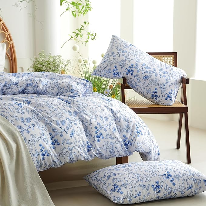 Blue Floral Duvet Cover Queen Size Botanical Romantic Flower Bedding Set Kids Girls Women Spring Aesthetic Reversible Leaves Soft Breathable Microfiber Comforter Cover 3Pcs with 2 Pillowcases