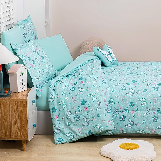 Mooreeke Bed in a Bag for Kids Girls Teens, 8 Pieces Full Size Comforter Bed Set with Shams, Sheet Set and Decorative Toy Pillow, Butterfly Mint Green Super Soft Microfiber Kids Comforter Bedding Set