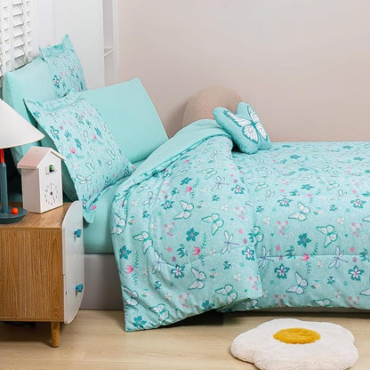 Mooreeke Bed in a Bag for Kids Girls Teens, 8 Pieces Full Size Comforter Bed Set with Shams, Sheet Set and Decorative Toy Pillow, Butterfly Mint Green Super Soft Microfiber Kids Comforter Bedding Set