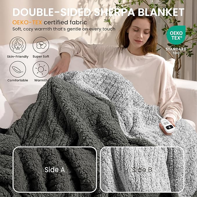 Heated Blanket Electric Blanket King - Fast Heating Blanket Throw Dual Control Double Sided Sherpa with 10 Heating Levels & 2-10 Hours Auto Off, Mashine Washable, 90 x 100 Inches, Grey