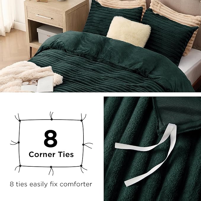 Bedsure Fluffy Duvet Cover Set - Ultra Soft Plush Shaggy Comforter Cover Queen Size, Warm Flannel Fleece Bed Sets for Winter, 3 Pieces (Striped Pattern, Forest Green)
