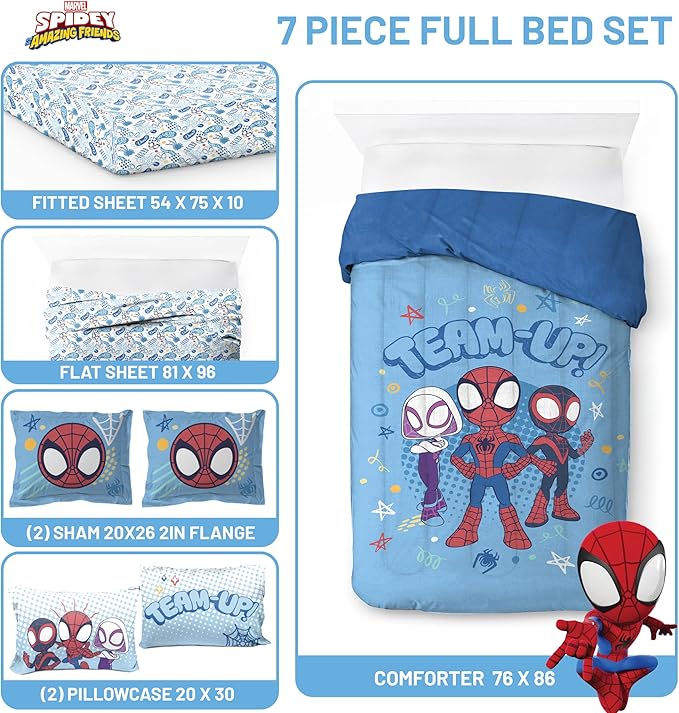 Jay Franco Kids Comforter Set Includes Sheets and Pillow Covers - Soft and Cozy Bed Set for Stylish Room Decor, Light Blue - Spidey & His Amazing Friends, 7 Piece Full Bedding