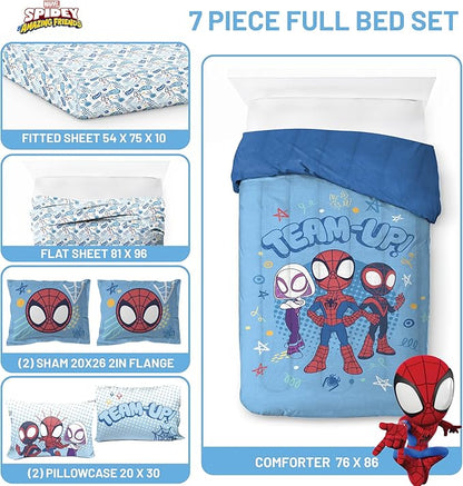 Jay Franco Kids Comforter Set Includes Sheets and Pillow Covers - Soft and Cozy Bed Set for Stylish Room Decor, Light Blue - Spidey & His Amazing Friends, 7 Piece Full Bedding
