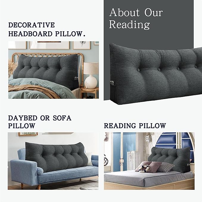 Headboard Pillow Wedge Twin Size Large Bolster Pillow for Bed Triangle Reading Pillow Back Support Pillow for Sitting Up in Bed XXL Couch Daybed Bed Rest Backrest Cushion Linen Anthracite