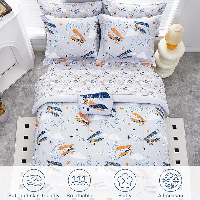 Mooreeke Twin Size Comforter Sets for Boys Kids, 6 Pieces Bed in a Bag Grey Glider Bedding Comforter Sheet Set with Shams and Decorative Toy Pillow, Ultral Soft Microfiber Kids Bed Set