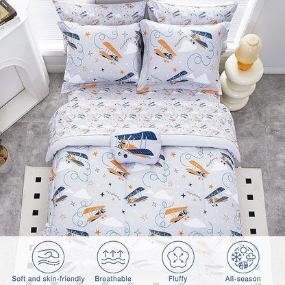 Mooreeke Twin Size Comforter Sets for Boys Kids, 6 Pieces Bed in a Bag Grey Glider Bedding Comforter Sheet Set with Shams and Decorative Toy Pillow, Ultral Soft Microfiber Kids Bed Set