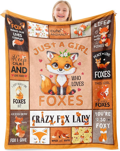 Just A Girl Who Loves Fox Blanket 60" X 50" for Girls Kids, Cute Fox Themed Gift, Cozy Warm Soft Throw Blanket for Girl on Birthday Christms