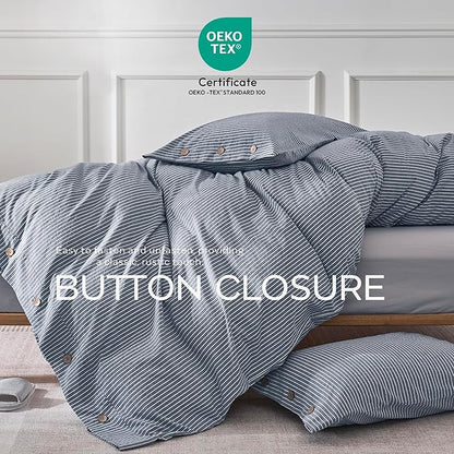 JELLYMONI Cotton Duvet Cover Twin Size - Blue Vertical Pinstriped Comforter Cover with Button 100% Washed Cotton 2PCS Breathable Soft Solid Bedding Set Duvet Cover 68×90in & 1 Pillowcase (NO Insert)