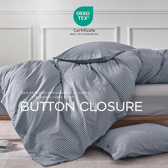 JELLYMONI Cotton Duvet Cover Cal King Size - Blue Vertical Pinstriped Comforter Cover with Button 100% Washed Cotton 3PCS Breathable Soft Bedding Set Duvet Cover 104×98in & 2 Pillowcases