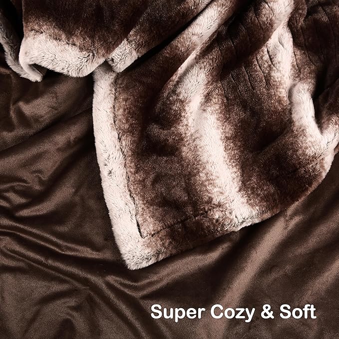 Electric Heated Blanket Throw Size 50" x 60", Super Cozy Warmth Soft with 4 Heating Levels & 4 Hours Auto Off, Plush Faux Fur, Machine Washable, Home Office Use, Brown White