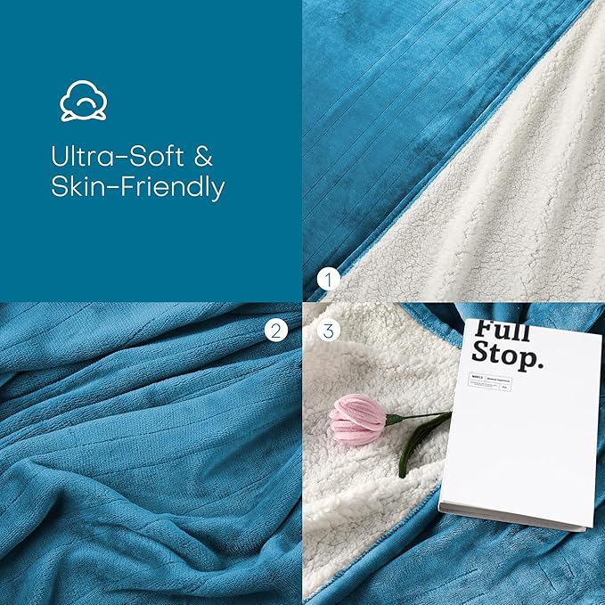 Electric Heated Blanket Throw Size 50"x60" - Flannel & Sherpa Fabric Dual-Sided, 6 Heat Settings & 1-3 Hours Auto Off, Soft & Cozy Warming Throw for Home, Office, or Bed, Machine Washable, Tile Blue