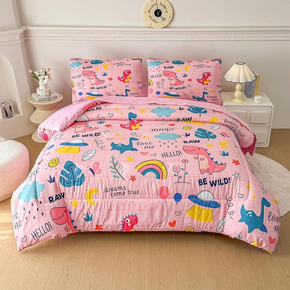 MWMWMW 5 Pcs Pink Dinosaur Bedding Twin for Girls Kids, Kawaii Dinosaur Comforter Twin, Girls Comforter Set Twin with 1 Comforter, 1 Flat Sheet, 1 Fitted Sheet and 2 Pillowcases