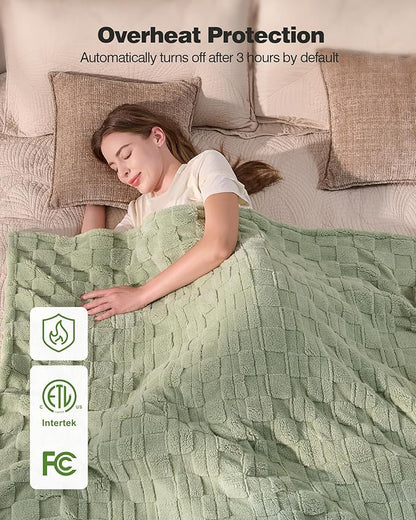 Heated Throw Blanket 50"x60" - 9-Level Fast Heating & 1-10H Timer, Fluffy Plush Blanket with Snap Buttons for Secure Fit, Soft Cozy Gift for Women/Men, for Couch, Bed & Office, Green