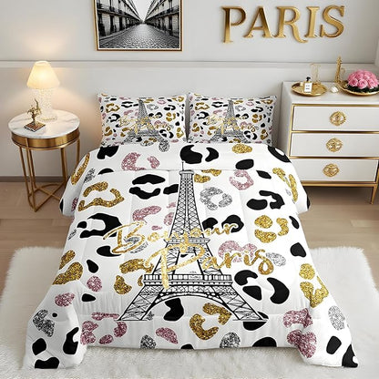 Feelyou Eiffel Tower Comforter Set Leopard Print Bedding Set for Kids Boys Girls Paris Tower Comforter Cheetah Print Quilt Set 1 Comforter Set with 2 Pillowcases King Size