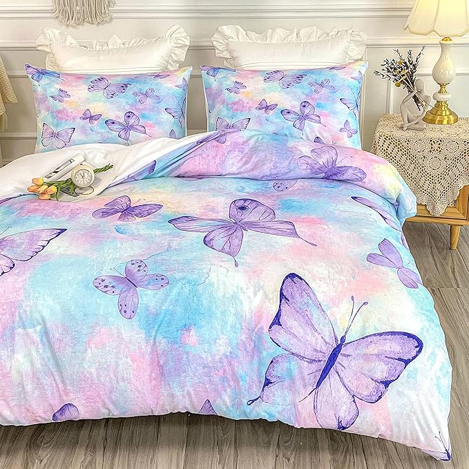 CVHOUSE Butterfly Bedding Full Size,Rainbow Set for Girls Kids Teens,Rainbow Comforter Cover Soft,1 Duvet 2 Pillowcases 3 Piece,Girls Room Decor Full 79'x89'