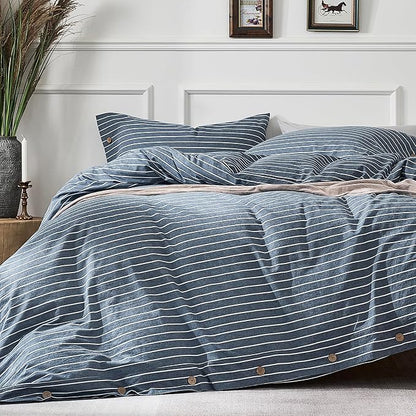 JELLYMONI Cotton Duvet Cover Super King Size - Blue Pinstriped Comforter Cover with Button 100% Washed Cotton 3PCS Breathable Soft Solid Bedding Set Duvet Cover 116×98in & 2 Pillowcases