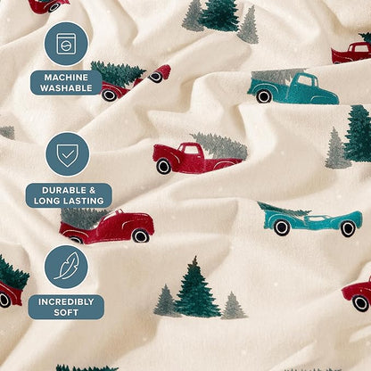 Bare Home Flannel Sheet Set Prints, 100% Cotton, Velvety Soft Heavyweight - Christmas Sheets - Double Brushed Flannel for Extra Softness & Comfort - Deep Pocket - Holiday Sheets (King, Vintage Truck)