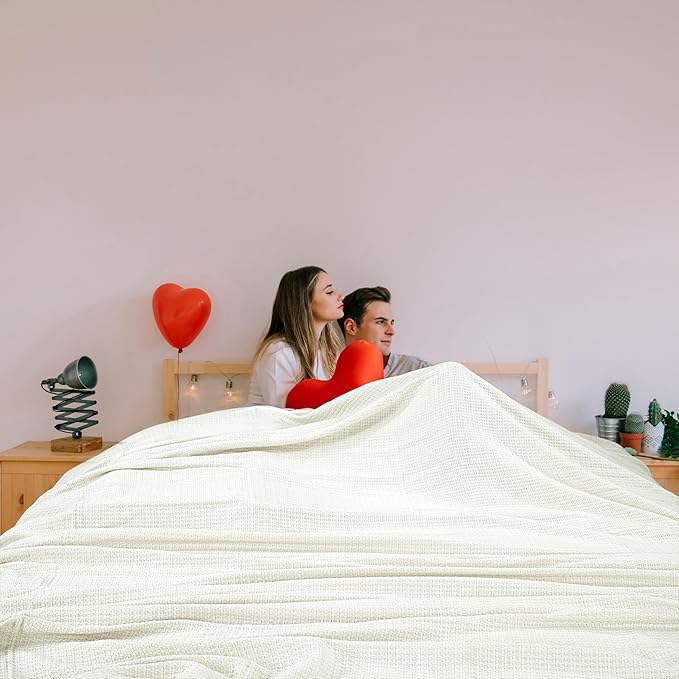 HILLFAIR 100% Cotton Blanket- 120" x 120" XXL Oversized King Bed Blankets - Family Size 10 ft x 10 ft Big - All Season Soft Cozy Breathable Blankets for Bed - Extra Large King Cotton Blanket- Ivory