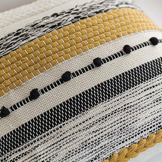 BlissBlush Yellow Mustard Decorative Throw Pillow Cover 20x20 Square Boho Accent Pillowcase Tassels Farmhouse Cushion for Couch Sofa Bedroom Living Room Home Décor Cover ONLY