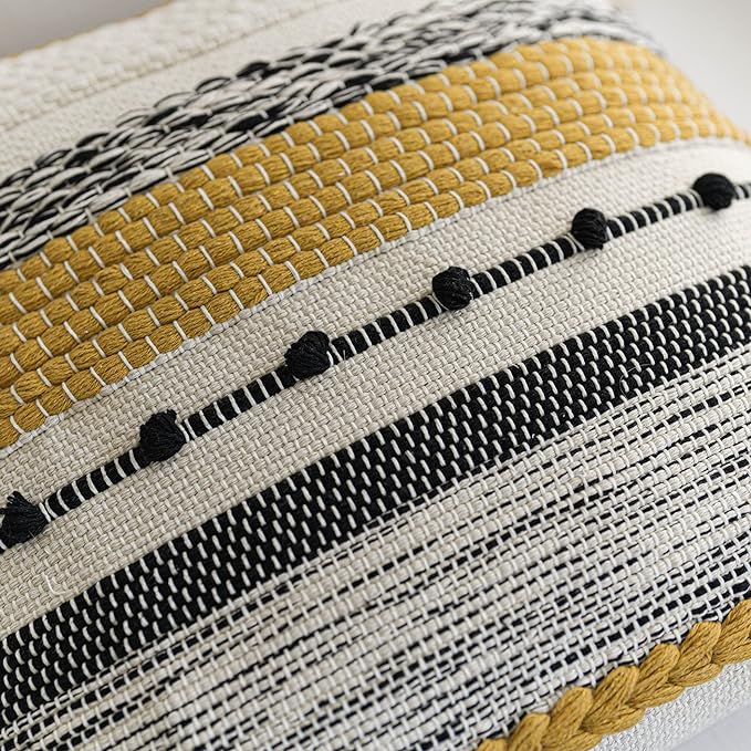 BlissBlush Boho Decorative Throw Pillow Cover 22x22 Square Yellow Mustard Accent Pillowcase Tassels Farmhouse Cushion for Couch Sofa Bedroom Living Room Home Décor Cover ONLY (Pack of 1)