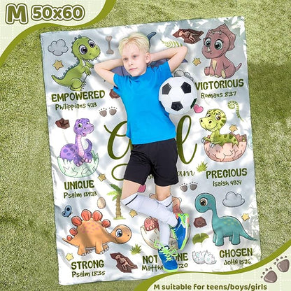 Bible Verse Blanket, Christian Gifts, God Says I am Print Dinosaur Blankets, Meaningful Thoughtful Religious Baptism Gift for Son,Dinosaur Lovers Room Bed Decoration, 50"x60"