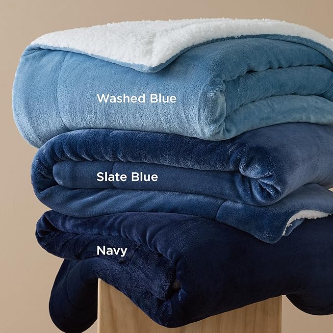 Bedsure GentleSoft Sherpa Fleece Blankets Queen Size for Bed - Thick and Warm Throw for Women and Men, Soft Fuzzy Plush Queen Blanket for Winter, Washed Blue, 90x90 Inches