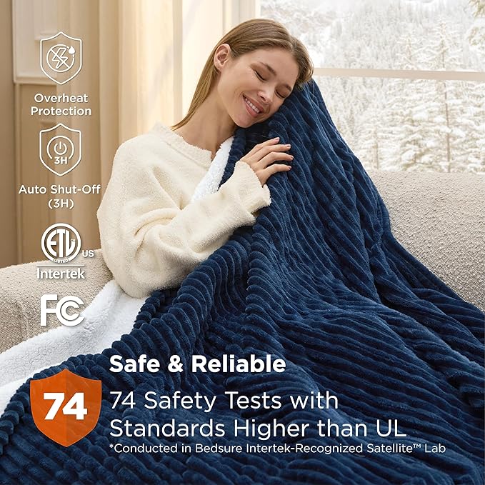 Bedsure GentleSoft Heated Blanket Electric Throw - Soft Ribbed Flannel Electric Blanket, Heating with 4 Time Settings, 6 Heat Settings, and 3 hrs Timer Auto Shut Off, Gifts for Grandma (50"x60", Navy)