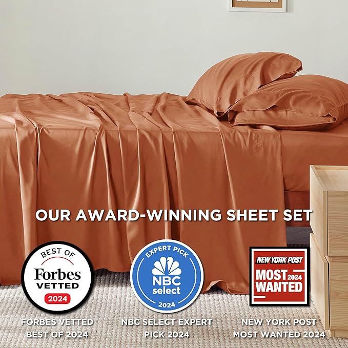 Bedsure Queen Sheet Set, Rayon Derived from Bamboo, Cooling Sheets, Breathable & Soft, Deep Pocket Up to 16 Inches, Hotel Luxury Silky Bedding for Hot Sleepers, Burnt Orange