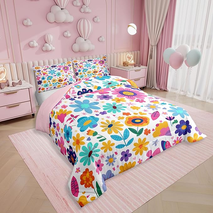 Erosebridal Cute Floral Toddler Bedding Set for Girls,Boho Flower Wildflower Kids Comforter Sets,Yellow Teal Pink Floral Bed Set Country Spring Flowers Kawaii Room Decor with 1 Pillowcase