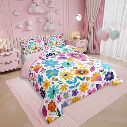 Erosebridal Cute Floral King Bedding Set for Girls Kids,Boho Flower Wildflower Comforter Set,Yellow Teal Pink Floral Bed Set Country Spring Flowers Kawaii Bedroom Decor with 2 Pillowcases