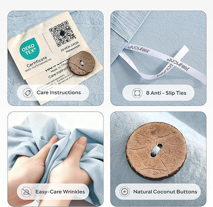JELLYMONI 100% Washed Cotton Duvet Cover Full – Soft, Breathable Linen-Look Bedding with Natural Wrinkle Texture, Button Closure, 3-Piece Set (Mist Blue, 80"x90")