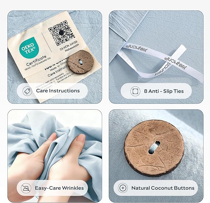 JELLYMONI 100% Washed Cotton Duvet Cover King – Soft, Breathable Linen-Look Bedding with Natural Wrinkle Texture, Button Closure, 3-Piece Set (Mist Blue, 104"x90")