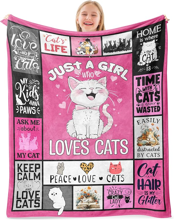 Just A Girl Who Love Cat Blanket for Girls, Cat Lover Gifts for Girls Women, Cats Gifts for Birthday Christmas, Cute Soft Warm Blanket 60" X 50" for Sleep Nap