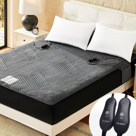Electric Heated Mattress Pad Queen Size Dual Control Bed Warmer, Deep Pocket, Side Storage Pouch for Controller, Machine Washable, 3D Air Layer Fabric, 60"x80", Black Charcoal
