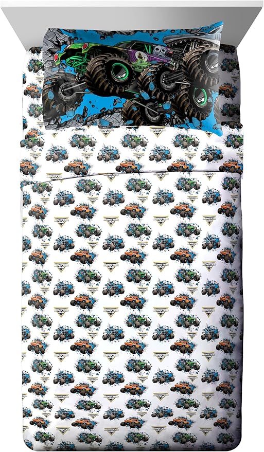 Jay Franco Kids Comforter Set Includes Sheets and Pillow Covers - Soft and Cozy Bed Set for Stylish Room Decor, Gray - Monster Jam 01, 5 Piece Twin Size Bedding