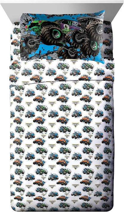 Jay Franco Kids Comforter Set Includes Sheets and Pillow Covers - Soft and Cozy Bed Set for Stylish Room Decor, Gray - Monster Jam 01, 5 Piece Twin Size Bedding