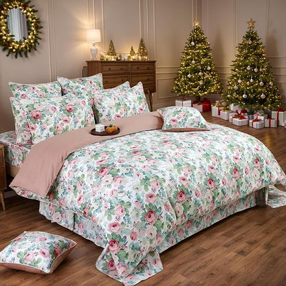 FADFAY Duvet Cover Set Full Pink Rose Floral Bedding French Country Peony Flower Quilt Cover Set Vintage Farmhouse Bedding 100% Cotton Soft Comforter Cover with Hidden Zipper Closure 3Pcs, Full Size