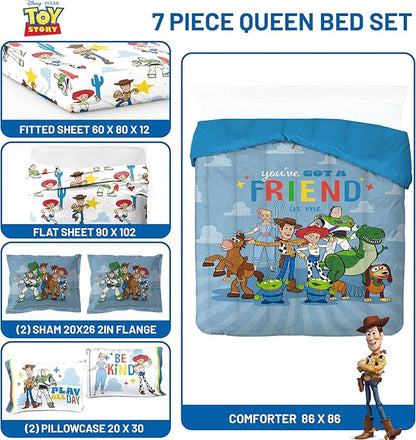 Jay Franco Kids Comforter Set Includes Sheets and Pillow Cover - Soft and Cozy Bed Set for Stylish Room Décor, Blue - Toy Story, 7 Piece Queen