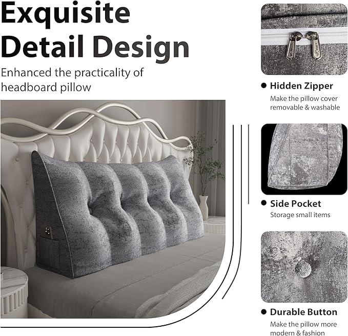 14 lbs Thickened Wedge Pillow Headboard Body Positioner Bed Wedge Pillow Backrest Support Triangular Headboard Pillow for Sleeping with Side Pocket Velvet Positioning Support Light Grey King