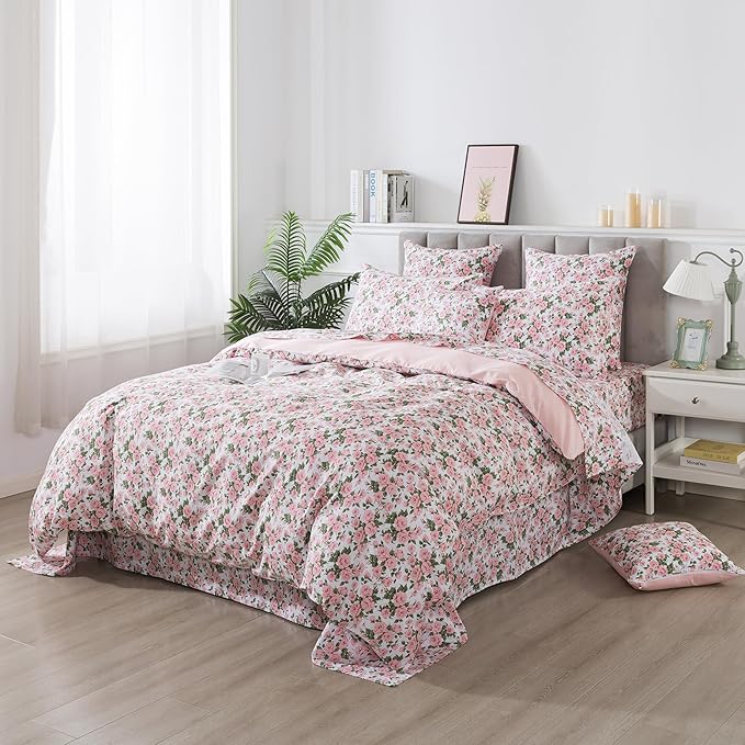 FADFAY Duvet Cover Set Full Pink Rose Floral Bedding Vintage Peony Flower Quilt Cover Set Shabby Farmhouse Bedding 100% Cotton Ultra Soft Comforter Cover with Hidden Zipper Closure 3Pcs, Full Size