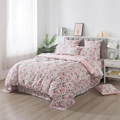 FADFAY Duvet Cover Set Full Pink Rose Floral Bedding Vintage Peony Flower Quilt Cover Set Shabby Farmhouse Bedding 100% Cotton Ultra Soft Comforter Cover with Hidden Zipper Closure 3Pcs, Full Size
