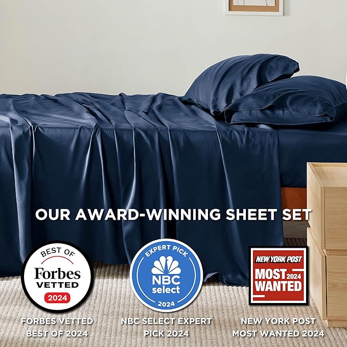 Bedsure Queen Sheet Set, Rayon Derived from Bamboo, Cooling Sheets, Breathable & Soft, Deep Pocket Up to 16 Inches, Hotel Luxury Silky Bedding for Hot Sleepers, Navy