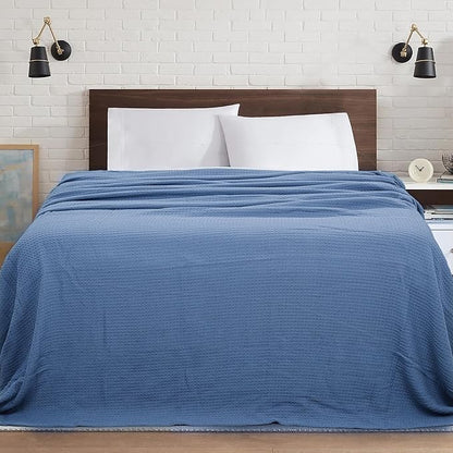 HILLFAIR 100% Cotton Blanket- 120" x 120" XXL Oversized King Bed Blankets - Family Size 10 ft x 10 ft Big - All Season Soft Cozy Breathable Blankets for Bed - Extra Large King Cotton Blanket- Blue