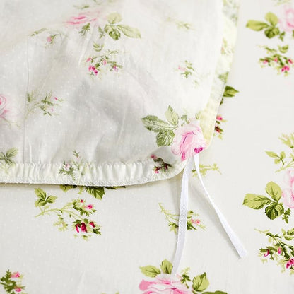 FADFAY Rosette Floral Print Duvet Cover Set Princess Lace Ruffle Bedding Set for Girls 3 Pieces Twin Extra Long Size