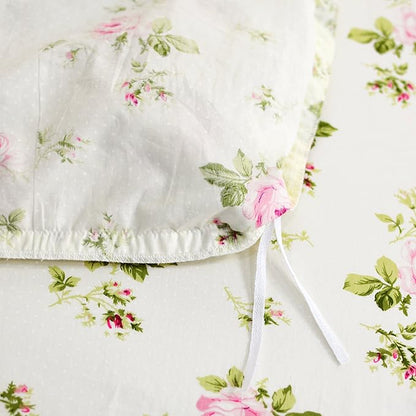 FADFAY Rosette Floral Print Duvet Cover Set Princess Lace Ruffle Bedding Set for Girls 3 Pieces California King Size