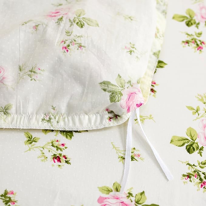 FADFAY Rosette Floral Print Duvet Cover Set Princess Lace Ruffle Bedding Set for Girls 3 Pieces Twin Size
